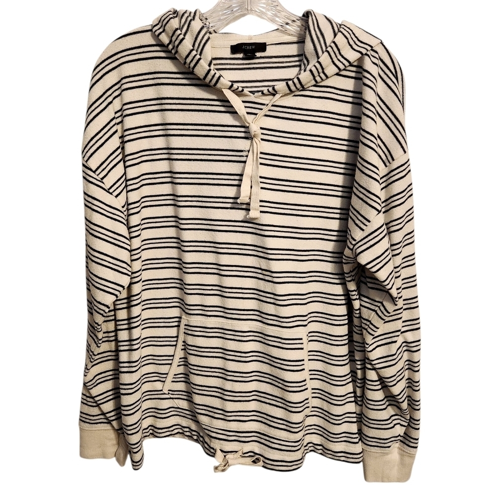 J. Crew | Women's Cream and Black Striped Hoodie Pullover (Size Large)